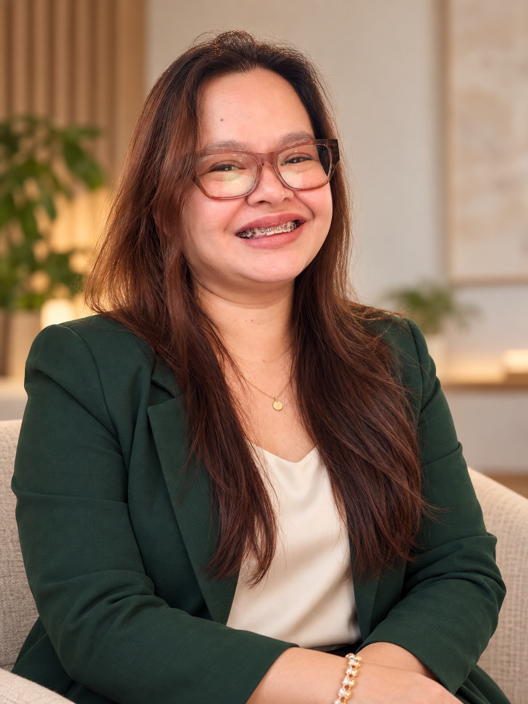 Corporate portrait of Rey Dimalaluan in a deep green blazer, created from her photos